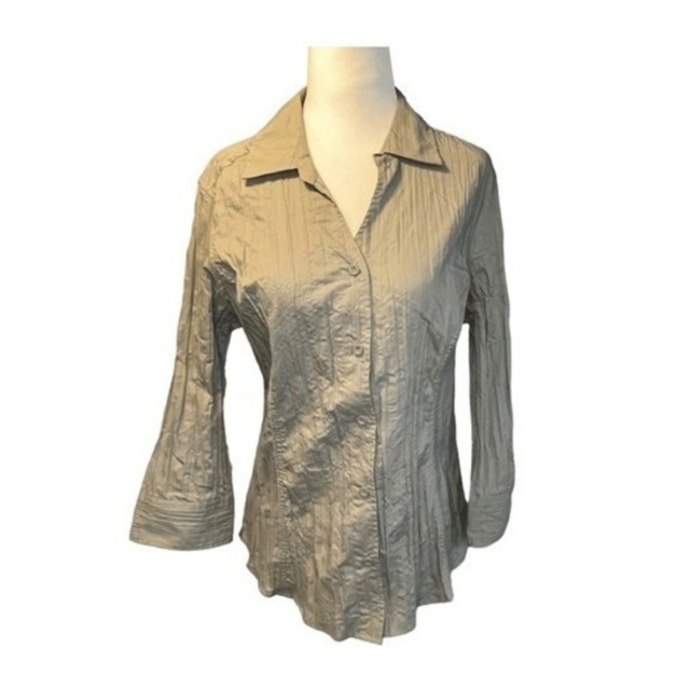 Sonoma Button Down Shirt Green Gauzy Knit Pleated 3/4 Length Sleeve‎ Y2K M